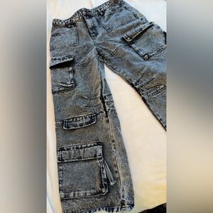 Acid Wash Cargo Jeans - Grey Black